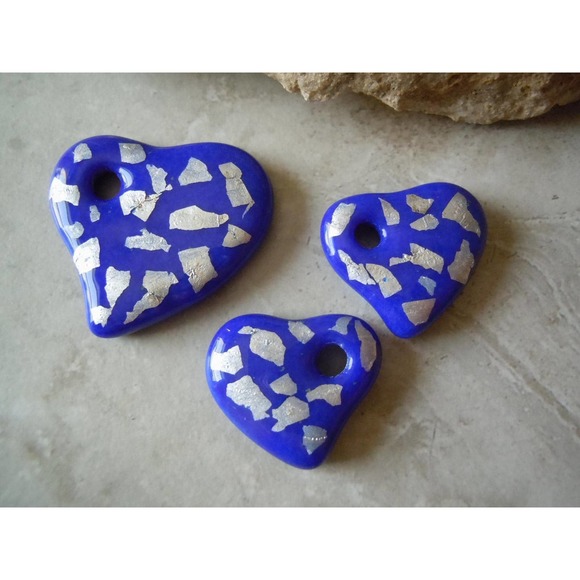 Cast Glass Hearts. Dark Blue and Fine Silver. Handmade Pendant Bead Set. C-03 - Picture 1 of 5